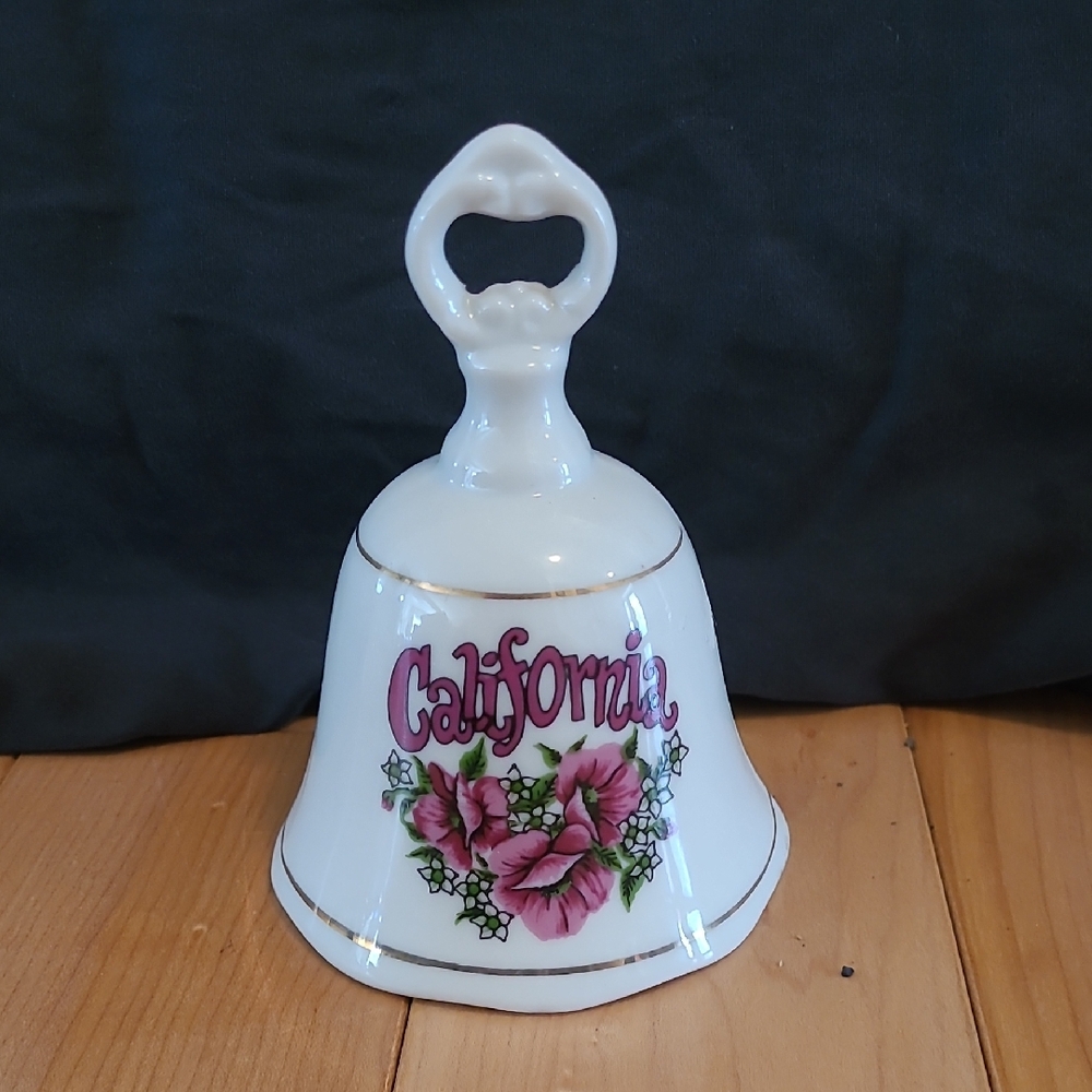 2/$20 California White Ceramic Bell with Pink Floral Design